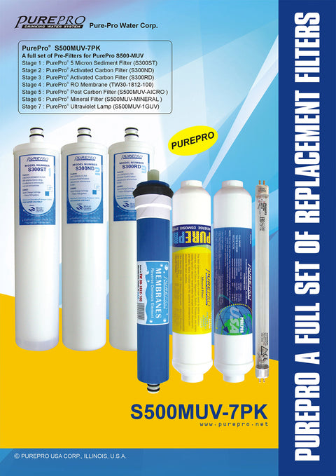 美國 PurePro® S500-MUV 紫外線RO淨水器 全套濾心套餐組合 -原廠濾芯 S500MUV-7PK